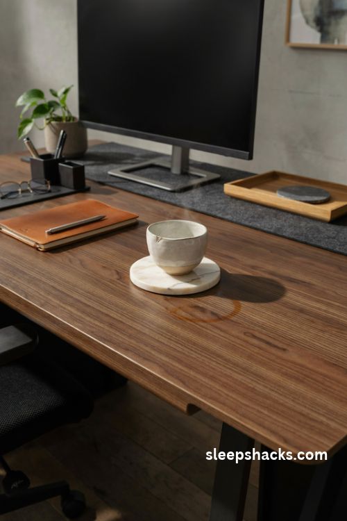 Corporate office desk decor with an ivory marble coaster and a warm ceramic coffee cup