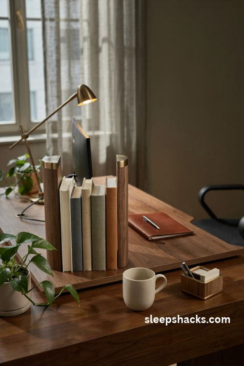 Corporate office desk decor with curated hardcover books and elegant wooden bookends