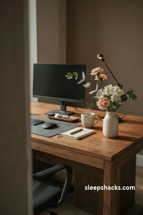Corporate office desk decor with fresh blush flowers in a small ceramic bud vase