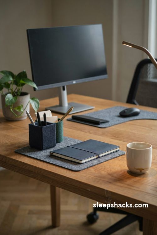 Corporate office desk decor with subtle navy blue accessories and coordinated neutral styling