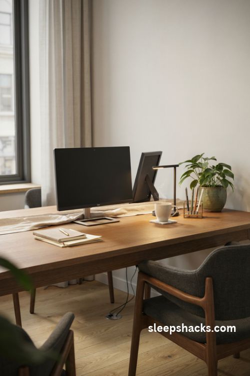 Corporate office desk decor with warm wood, minimalist organizers and a calm professional workspace