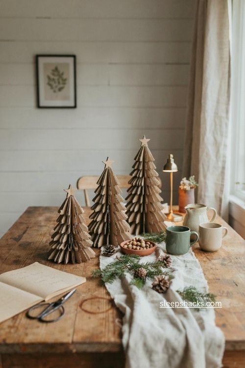 Corrugated cardboard christmas tree forest with three handmade trees on a cozy rustic table 