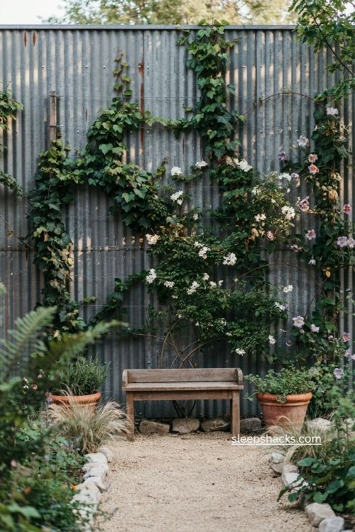 Corrugated metal fence with climbing jasmine ivy and clematis for a soft garden look