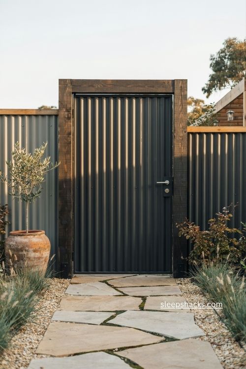Corrugated metal gate with wood frame and modern privacy fence entry