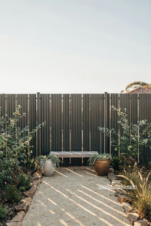Corrugated metal privacy fence with narrow gaps and soft sunlight in a garden