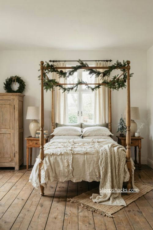 Cottage Christmas bedroom with four poster bed ruffled linens evergreen garland and wreath 