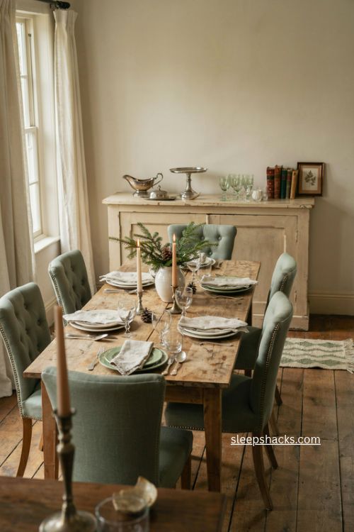 Cottage Christmas dining room with farmhouse table tufted chairs and vintage silver 