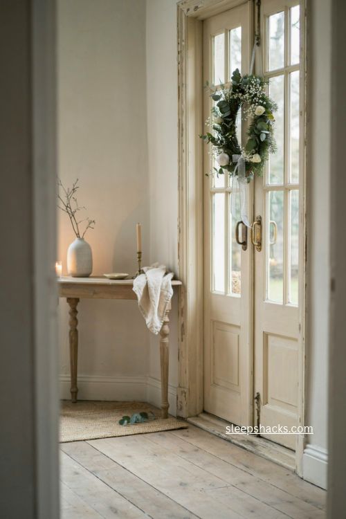 Cottage Christmas entryway with greenery wreath white flowers and silver ribbon on French doors 