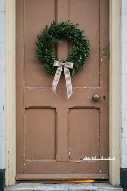 Cottage Christmas front door with boxwood wreath and checked gingham bow 