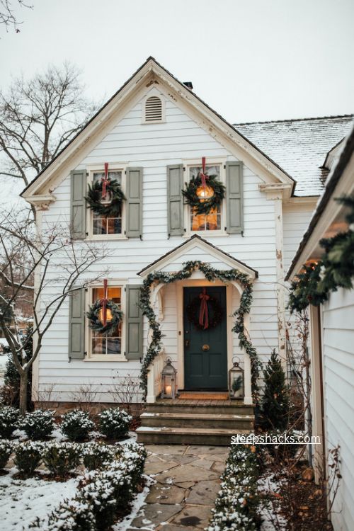 Cottage Christmas house with matching evergreen wreaths on every window and vintage ribbon 