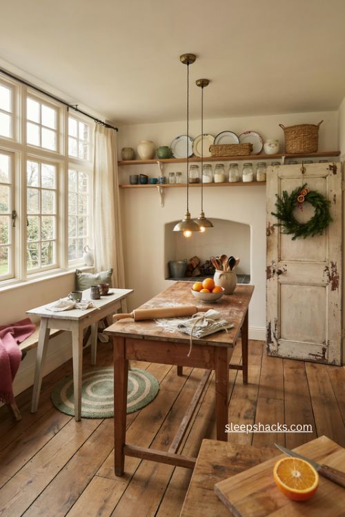 Cottage Christmas kitchen with farmhouse bench distressed pantry door and simple wreath 