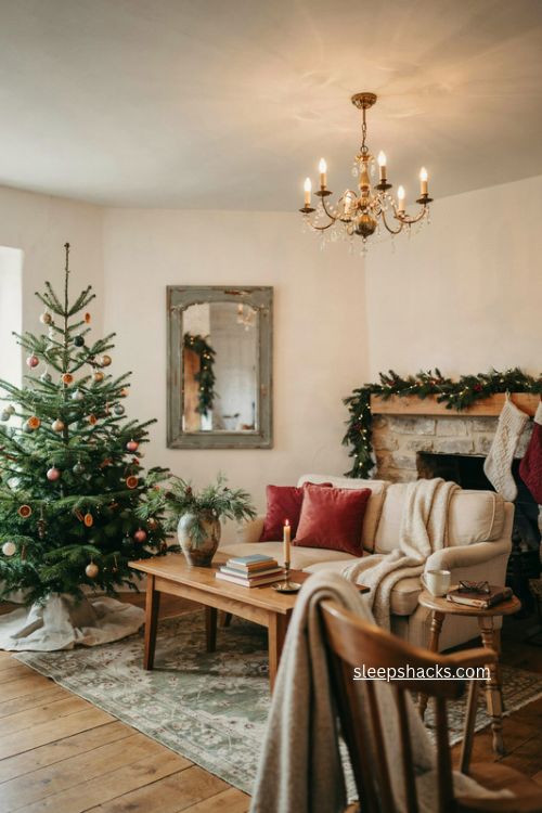Cottage Christmas living room with vintage chandelier large mirror and glowing tree 