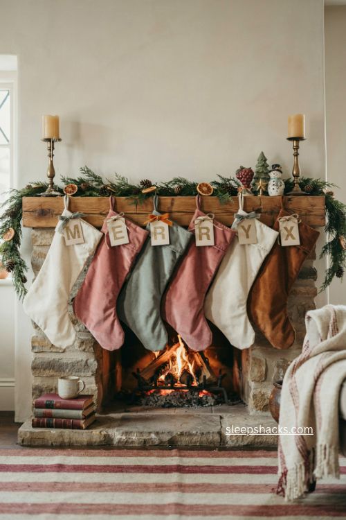 Cottage Christmas mantel with cream stockings glittered monograms and vintage greenery 