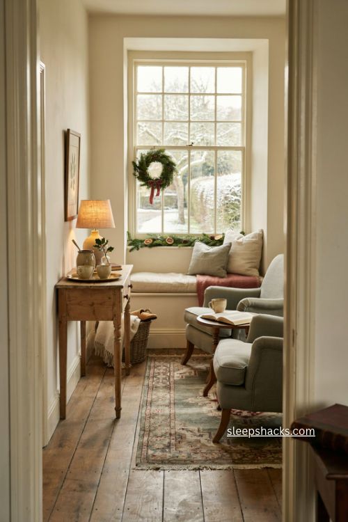 Cottage Christmas parlor with cozy window seat vintage chairs wreath and evergreen garland 