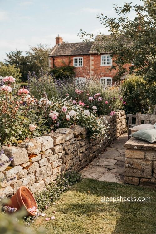 Cottage backyard garden with a low natural stone wall lavender borders and rustic garden edging