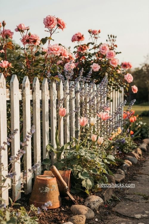 Cottage flowers blooming along a white picket fence with roses and catmint