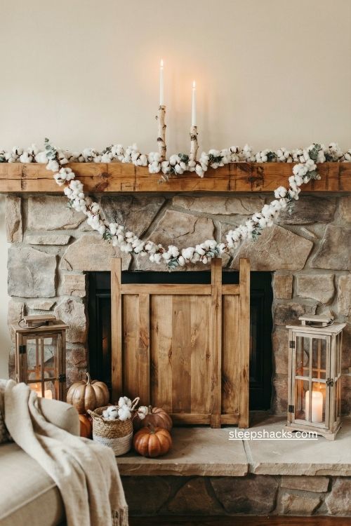 Cotton boll garlands with cedar fireplace screen and rustic pumpkins 