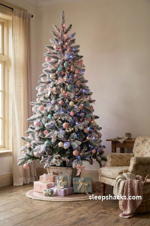 Cotton candy christmas tree with pink blue and warm white lights glowing on pastel candy ornaments