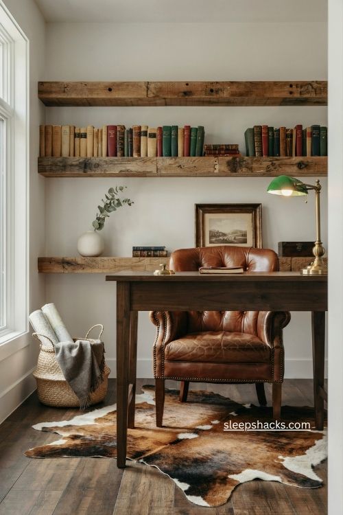 Cowhide rug with dark wood desk and leather chair in a masculine office