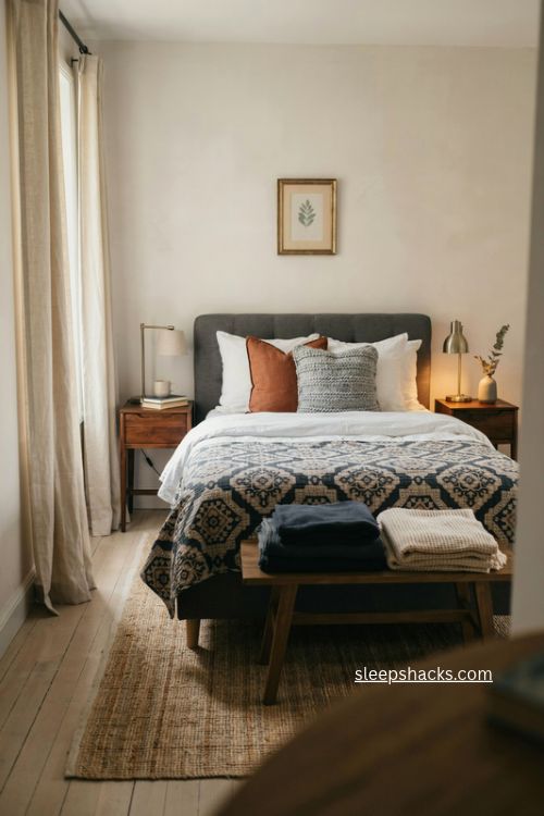 Cozy Airbnb guest bedroom with layered linen bedding vintage throws and warm wood accents