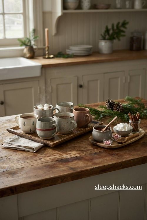 Cozy Christmas cocoa station with festive stoneware mugs marshmallows and cinnamon sticks