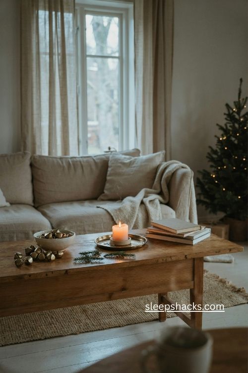 Cozy Christmas coffee table with candle tray books and simple holiday decor