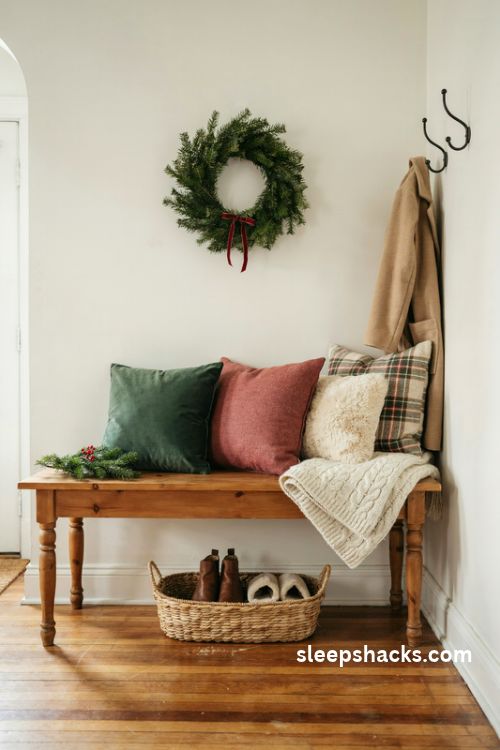 Cozy Christmas entryway bench with chunky knit throw plaid pillows velvet cushions and woven shoe storage basket