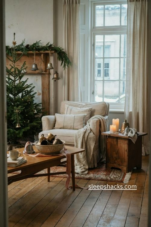 Cozy Christmas living room with antique brass bells greenery and candle decor