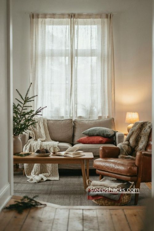 Cozy Christmas living room with chunky knit blankets and soft winter textures