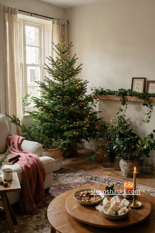Cozy Christmas living room with garden greenery real tree berries and ivy