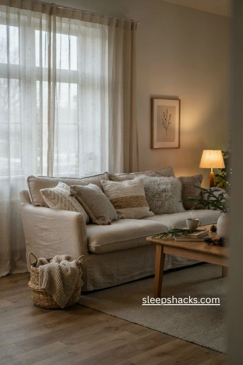Cozy Christmas living room with layered winter throw pillows and warm textures
