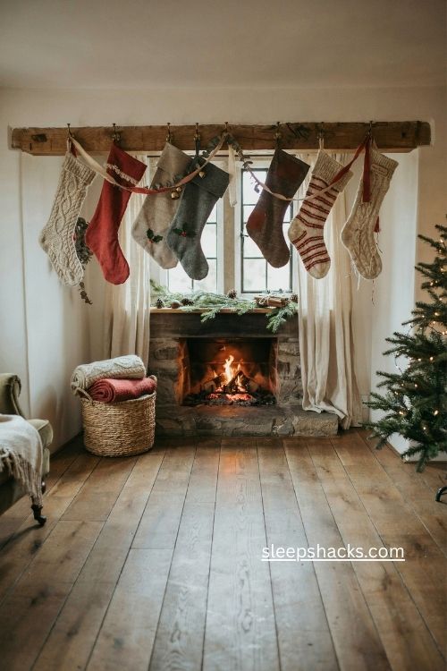 Cozy Christmas mantel with mismatched stockings in cream red and brown