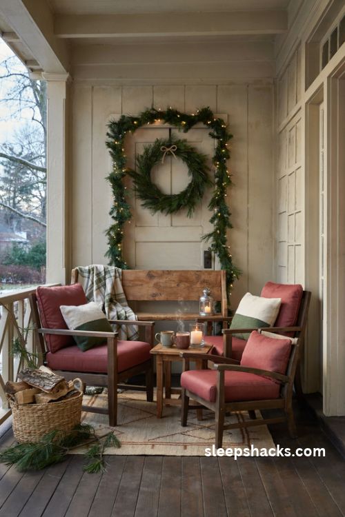 Cozy Christmas porch seating nook ideas with plaid blankets lanterns and warm holiday lights