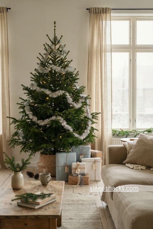 Cozy Christmas tree with blue white wrapped gifts silver tinsel and ribbon