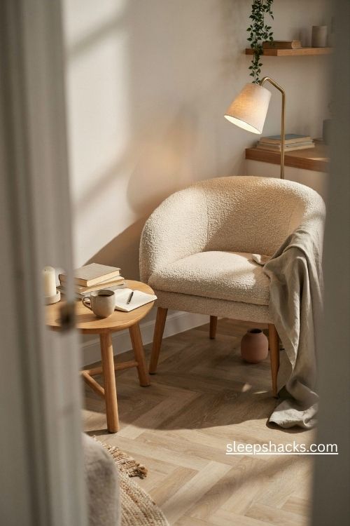 Cozy accent chair corner for a warm modern home office reading nook
