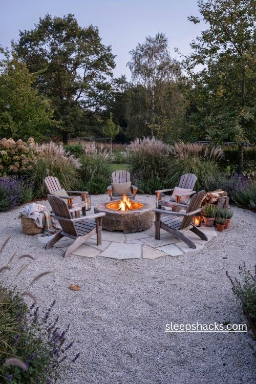 Cozy backyard fire pit gathering circle with rustic chairs gravel paving and warm lantern light