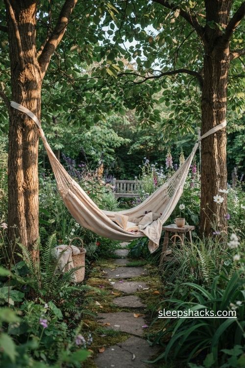 Cozy backyard hammock beneath mature shade trees with a linen throw and peaceful garden greenery