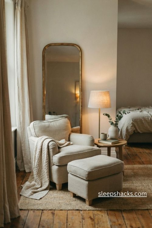 Cozy bedroom reading corner with a slim mirror behind an armchair ottoman and warm floor lamp