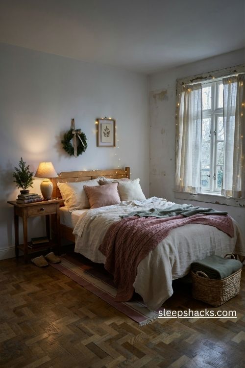 Cozy bedroom with warm christmas lights around the headboard and soft vintage holiday decor