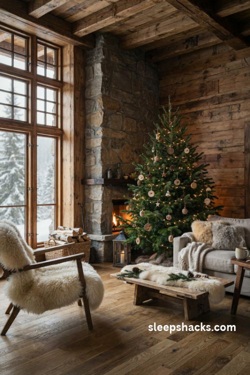 Cozy cabin Christmas decor with ivory faux fur throws and sheepskin layers