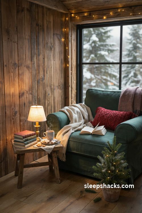 Cozy cabin Christmas reading nook with wool throw twinkle lights holiday books and warm lamp