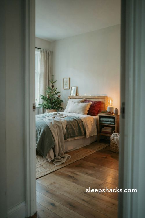Cozy christmas bedroom refresh with flannel bedding warm fairy lights and rustic cabin decor