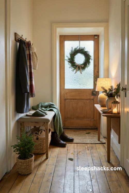 Cozy christmas entryway with a rustic bench woven slipper basket wreath and warm lamp