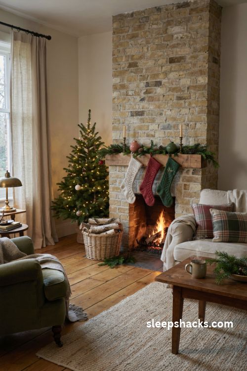 Cozy christmas fireplace with glowing flames knitted stockings and rustic farmhouse mantel decor