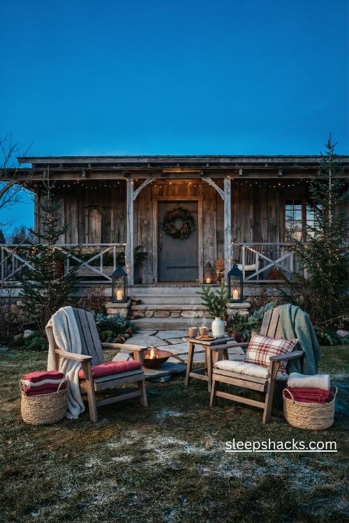 Cozy christmas front yard seating nook with plaid blankets lanterns and a warm fire bowl