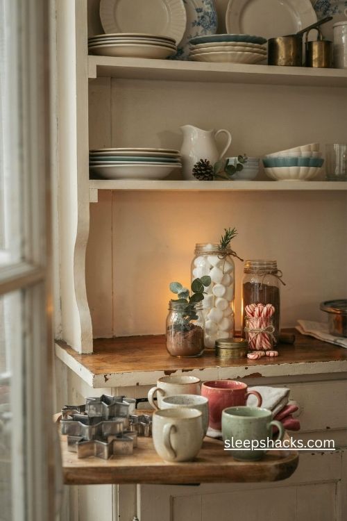 Cozy christmas hot chocolate station on a vintage kitchen hutch with mugs marshmallows and peppermint sticks