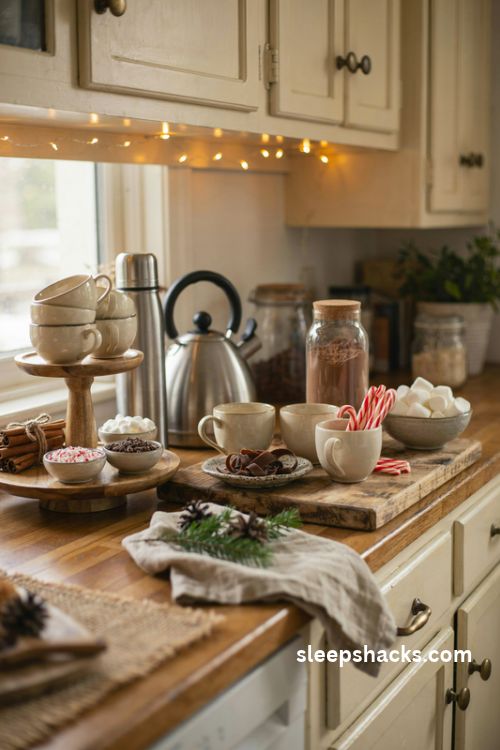 Cozy christmas hot cocoa station with mugs marshmallows peppermint sticks and rustic farmhouse decor