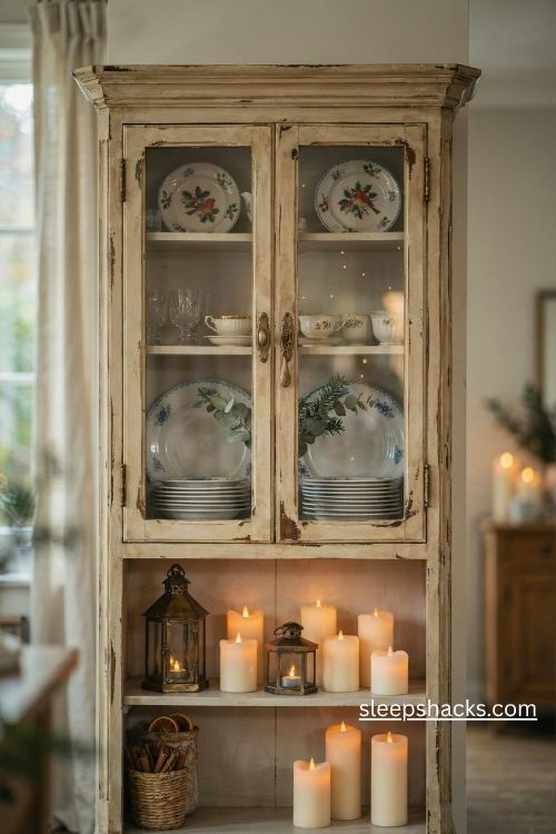 Cozy christmas hutch with glowing flameless pillar candles and vintage lanterns on lower shelves
