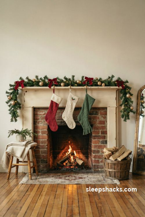 Cozy christmas mantel photo backdrop with evergreen garland stockings and glowing fireplace
