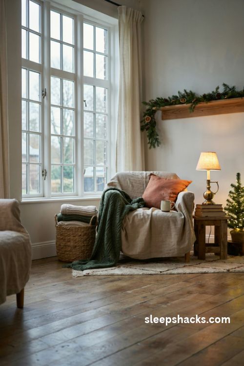 Cozy christmas reading corner with a comfy armchair warm lamp and knitted blanket